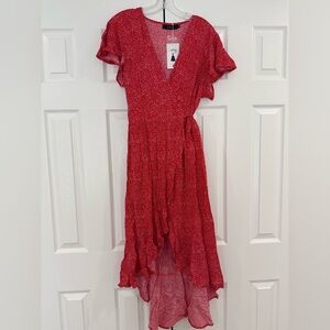 Zesica Flutter Short Sleeve Red & White Floral High-Low Wrap Dress V-Neck